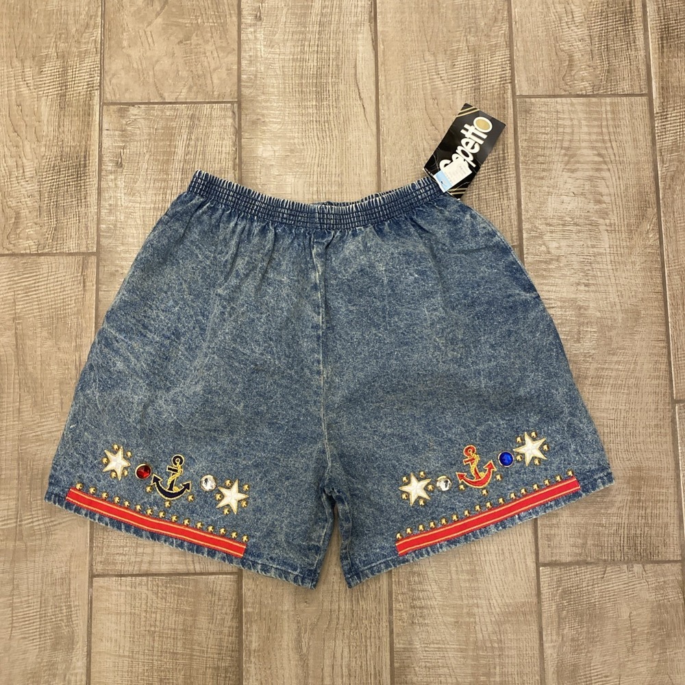 VTG Gepetto Shorts L Blue Acid Wash Denim Baggy Mom Patriotic Nautical 80s 90s